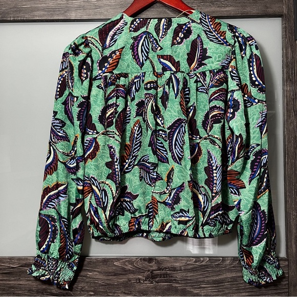 Democracy Leaf Print V-Neck Blouse Metallic Cottagecore Cropped Women's PM - Picture 3 of 12